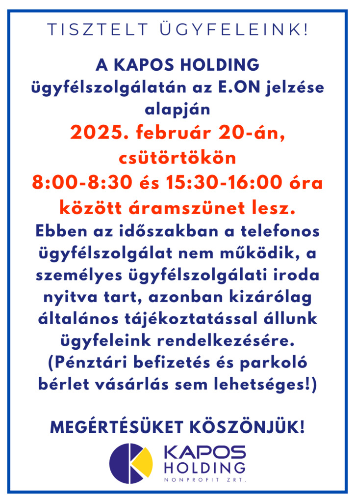 Áramszünet az ügyfélszolgálaton február 20-án